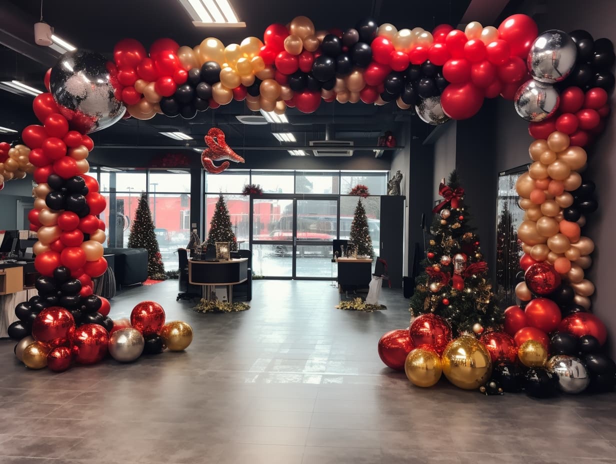 photo of an Irish company office building reception area which has been stylishly decorated with colorful balloons and Christmas trees for an upcoming company Christmas work party in Dublin