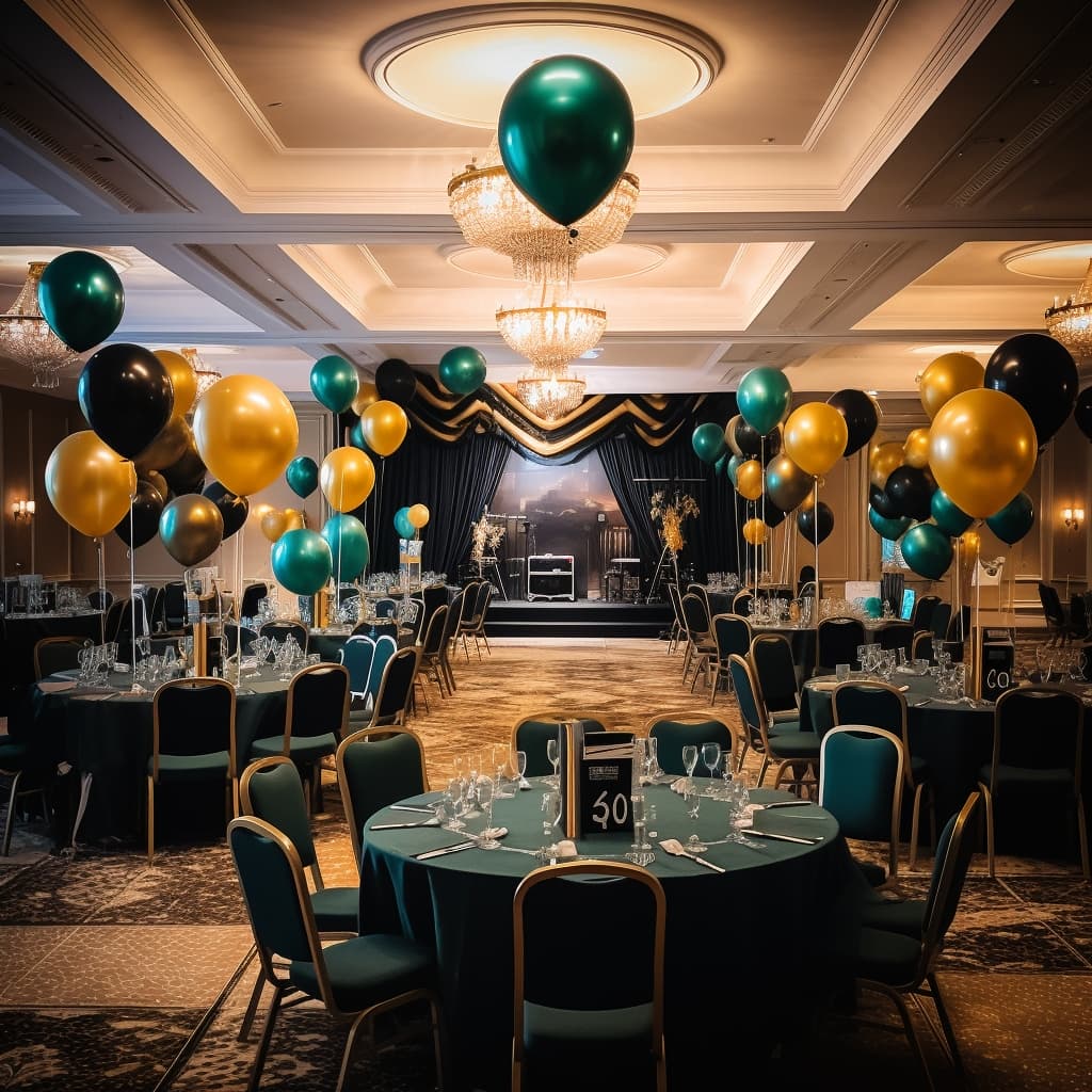 photo of an Irish hotel conference room which has been decorated with colorful balloons and table settings for a gala dinner for an upcoming company work party in Dublin