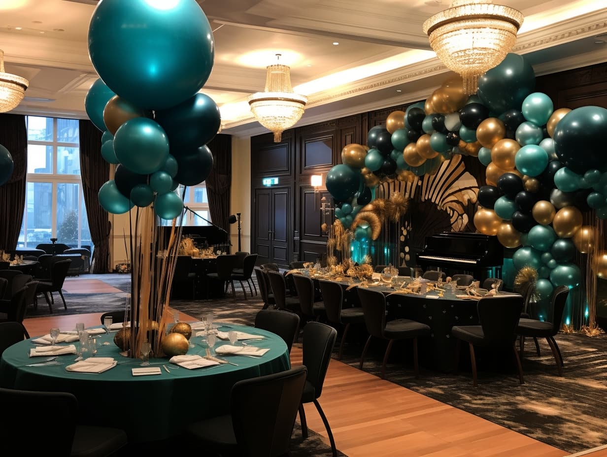 photo of an Irish hotel conference room which has been decorated with colorful balloons and table settings for a gala dinner for an upcoming company work party in Dublin