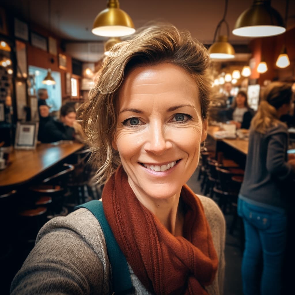 selfie style photo of a middle aged female Irish tech executive with light hair and a grey jacket and rust colored scarf at a company event in a Dublin pub