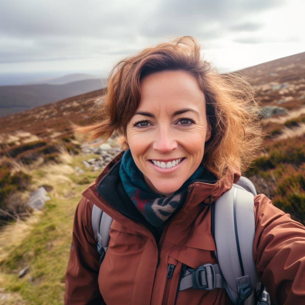 selfie style photo of an attractive middle aged female Irish tech executive with brown hair and a brown rain jacket and colored scarf hiking in the Wicklow mountains