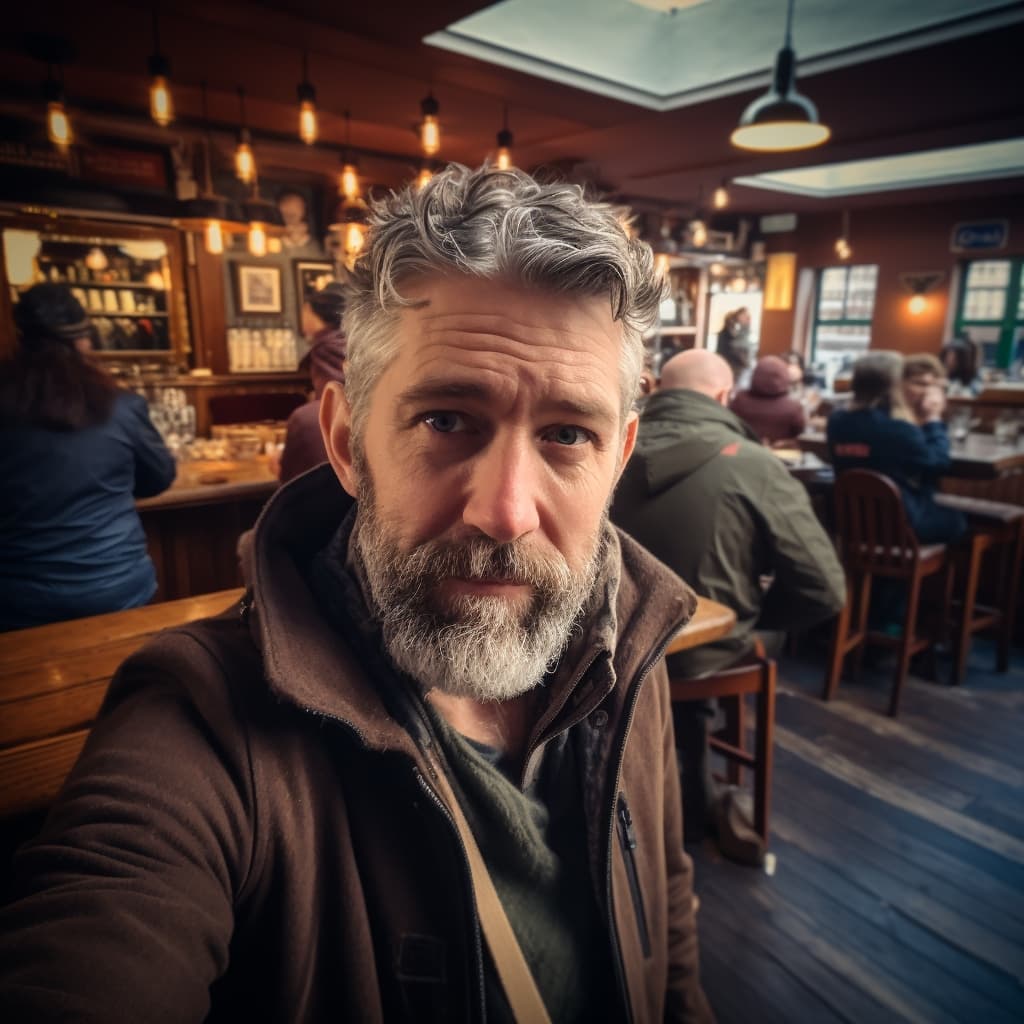 selfie style photo of a middle aged Irish tech executive with short salt and pepper wavy hair and beard at a company event in a Dublin pub