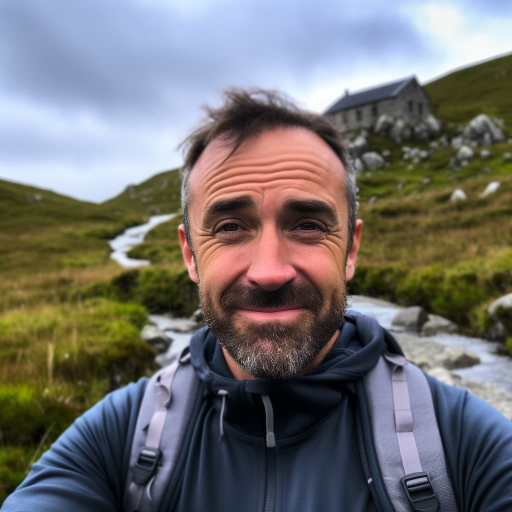 selfie style photo of a middle aged Irish tech executive with short hair and beard outdoors hiking in the Wicklow mountains