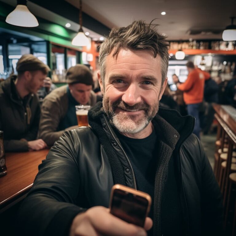 selfie style photo of a stylish middle aged Irish tech executive with short salt and pepper wavy hair and beard wearing a black jacket at a company event in a Dublin pub