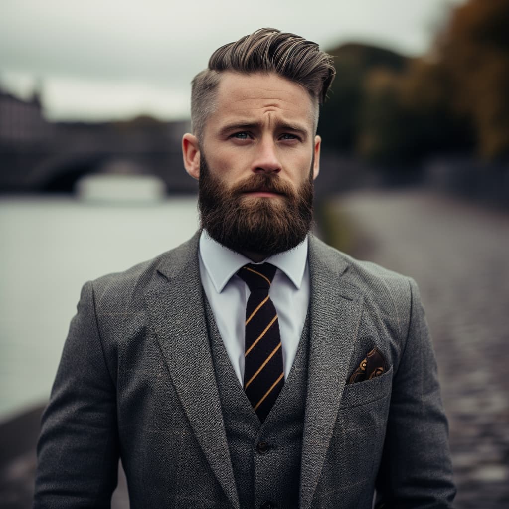 photo of a stylish middle aged Irish tech executive with trendy hair and full beard wearing a grey dress jacket and waistcoat
