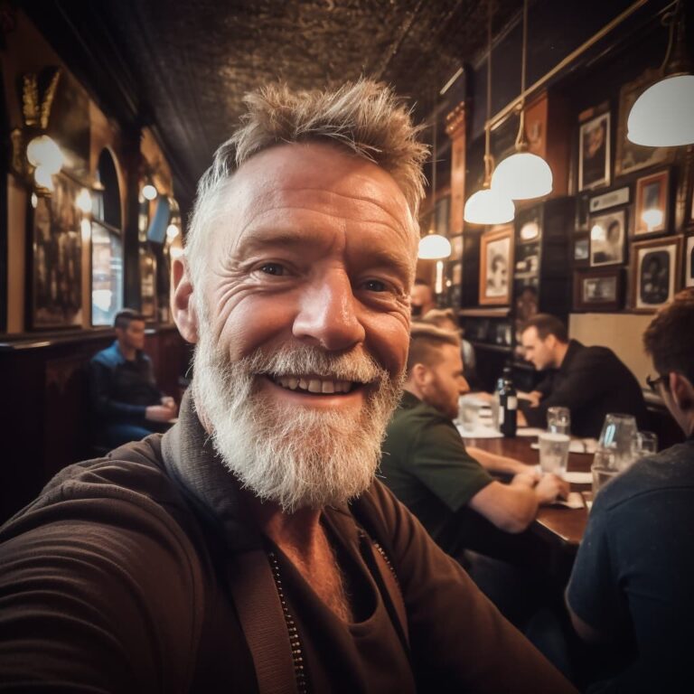 selfie style photo of a middle aged Irish tech executive with short hair and beard at a company event in a Dublin pub