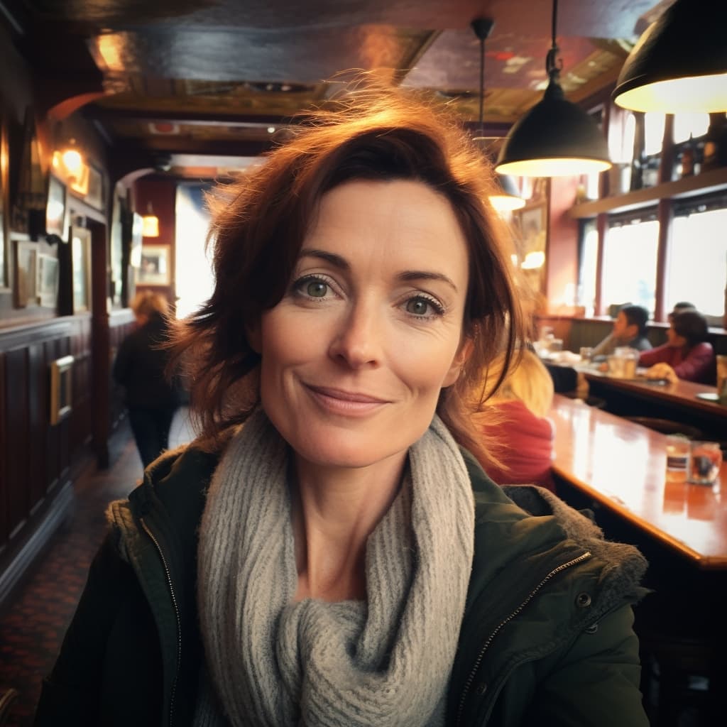 selfie style photo of a middle aged female Irish tech executive with brown hair at a company event in a Dublin pub