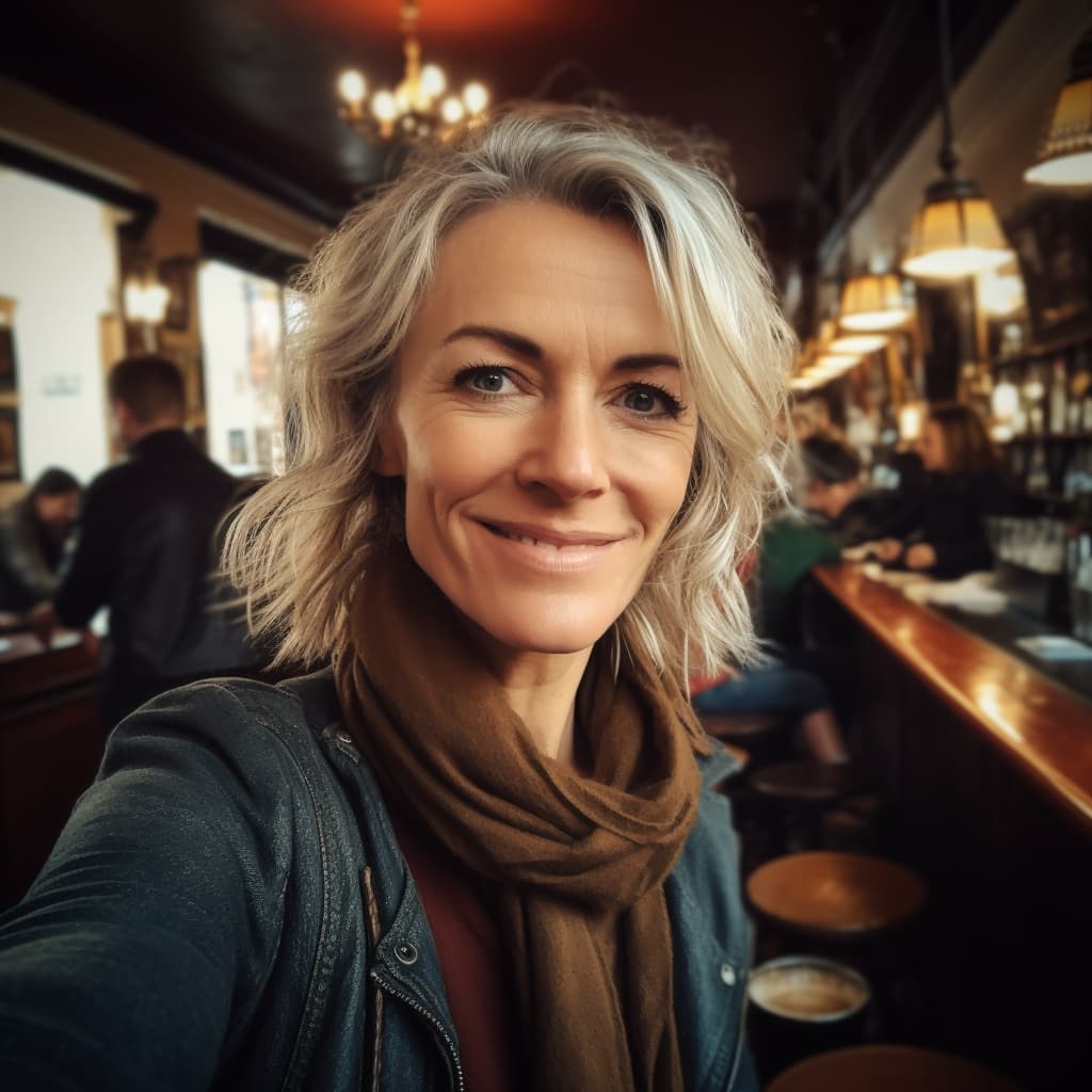 selfie style photo of a middle aged female Irish tech executive with light hair and a blue denim jacket and brown scarf at a company event in a Dublin pub