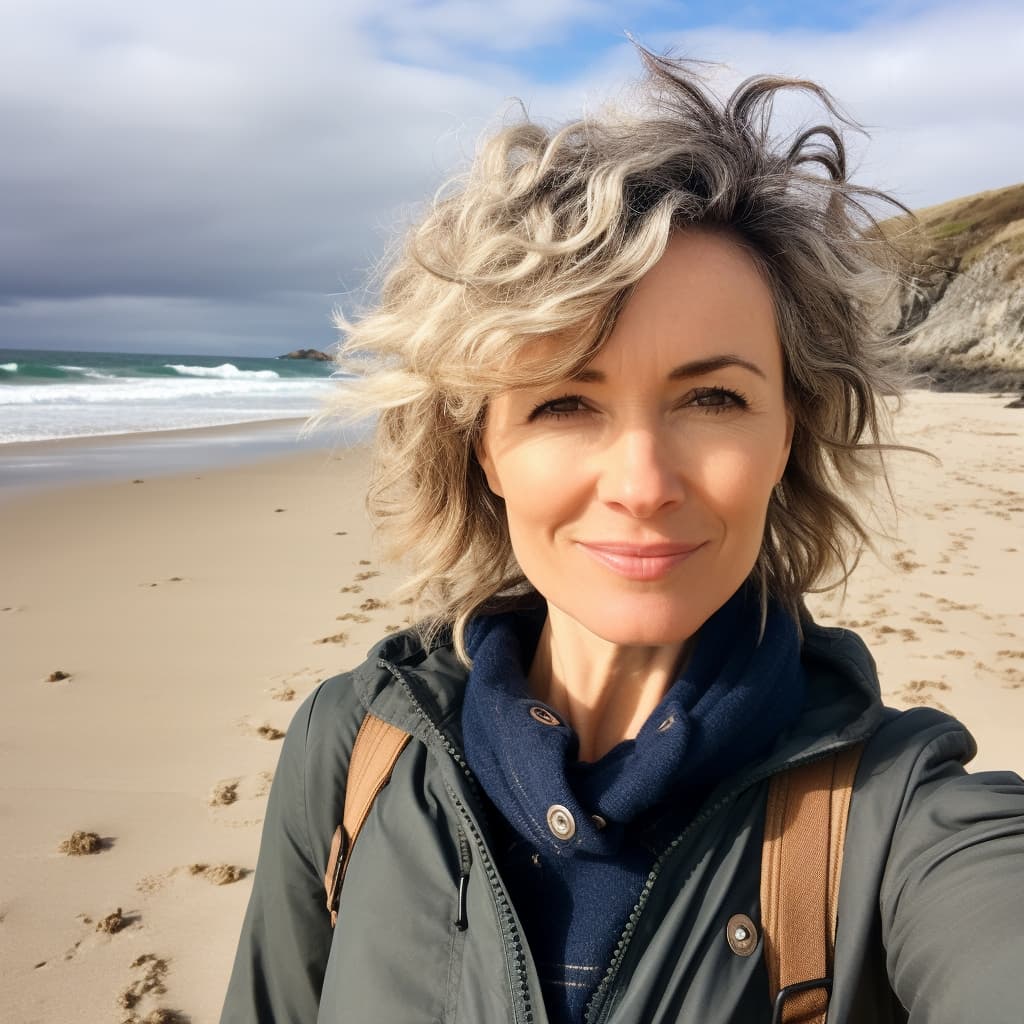 selfie style photo of a happy middle aged female Irish tech executive with wavy light hair outdoors on a beach in Dublin