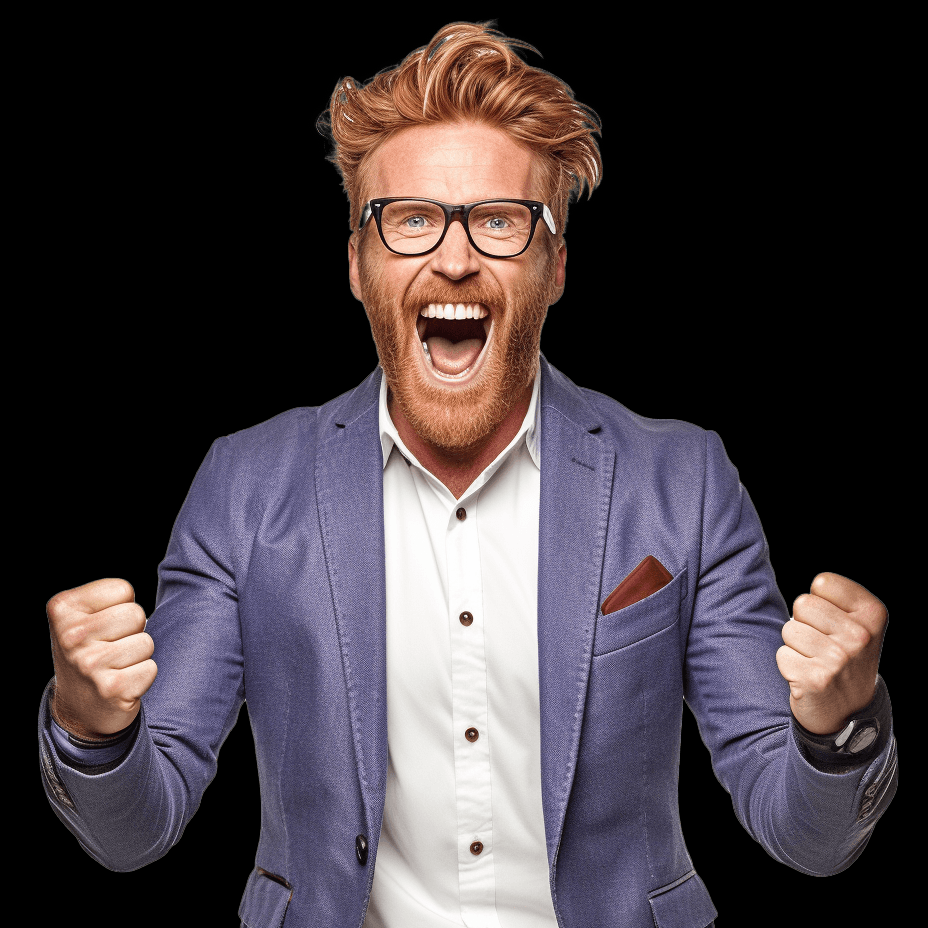 a very excited stylish Irish man with ginger hair, black glasses, a blue jacket and white shirt. He is super pumped to be organising a company work event in Dublin